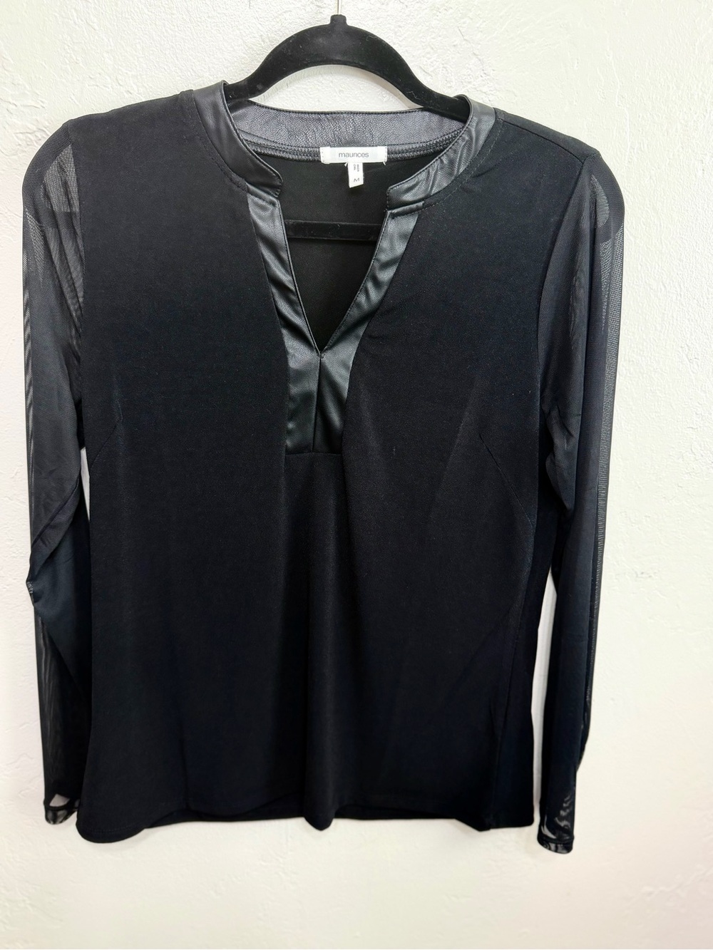 Maurices Black Mesh Sleeve Faux Leather Trim Top Size Medium